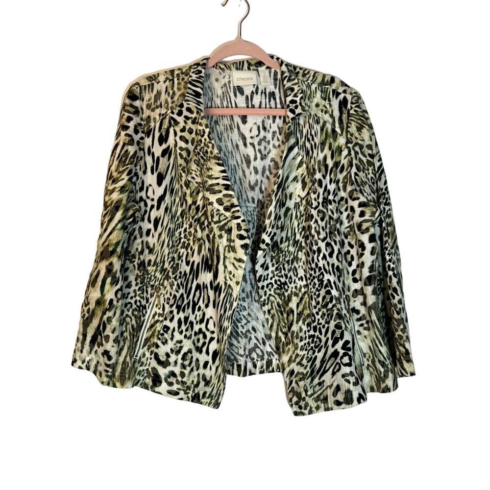 Chico's‎ Animal Print 100% Linen Zipper Pockets Moto Open Blazer Size 2